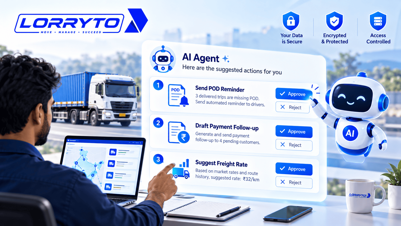AI agent proposing actions with a human manager approving trip, document and payment decisions