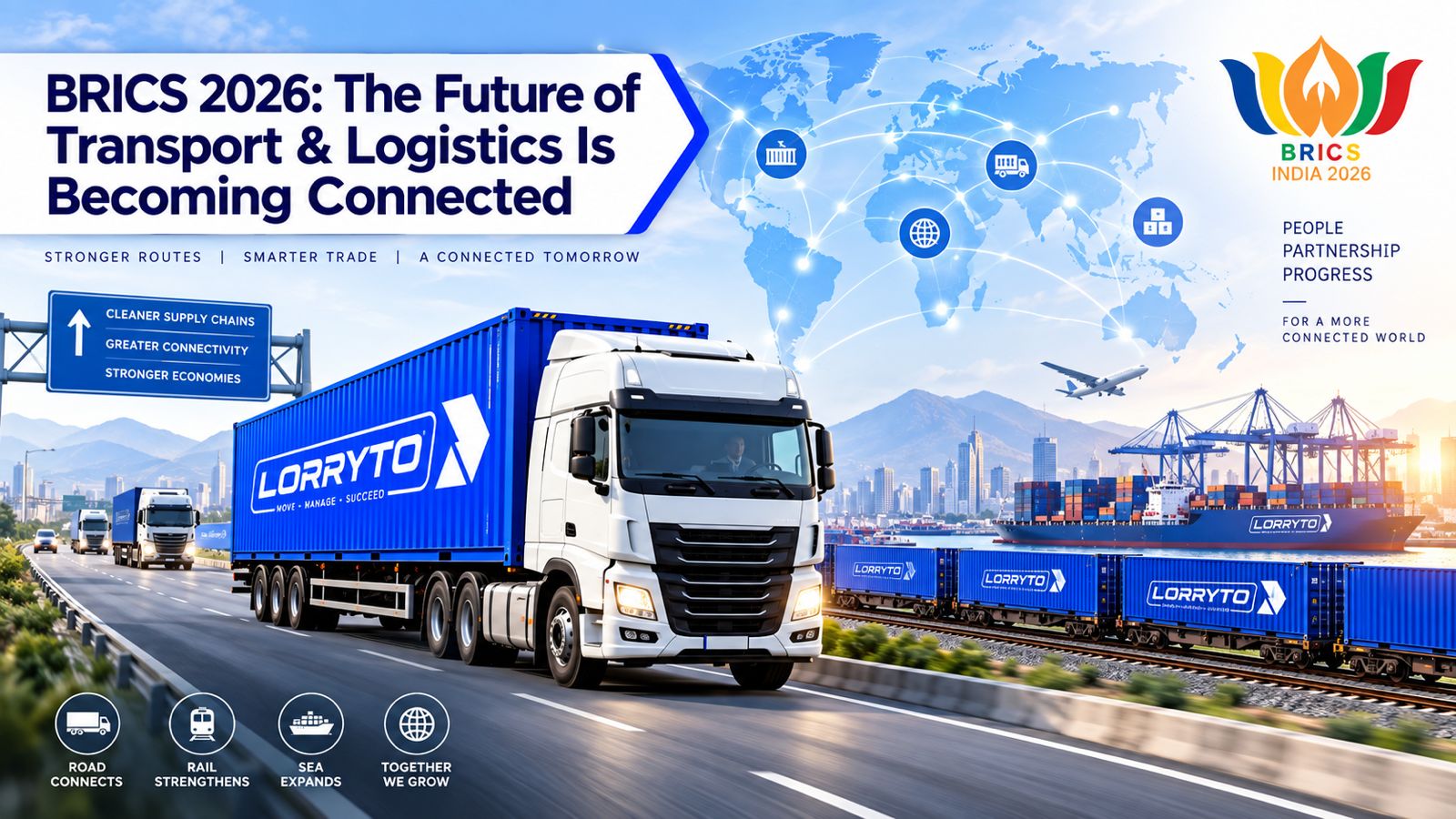 Connected BRICS logistics network with trucks, rail, ports and digital visibility