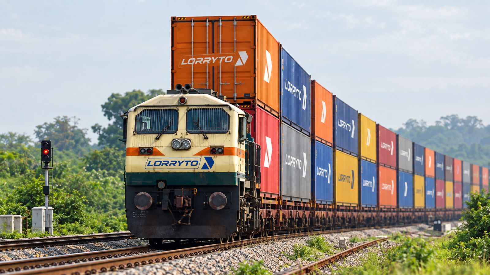 Freight train on a dedicated freight corridor beside a truck at a logistics terminal