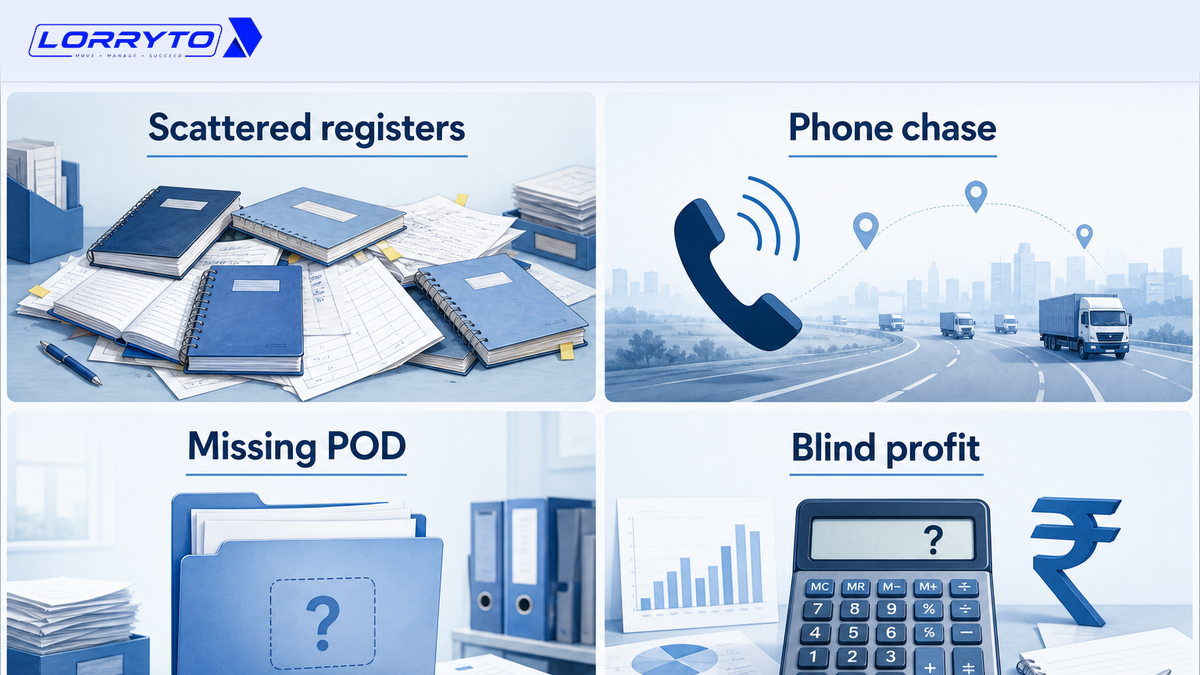 Four old-office pains: scattered registers, phone chase, missing POD, and blind profit