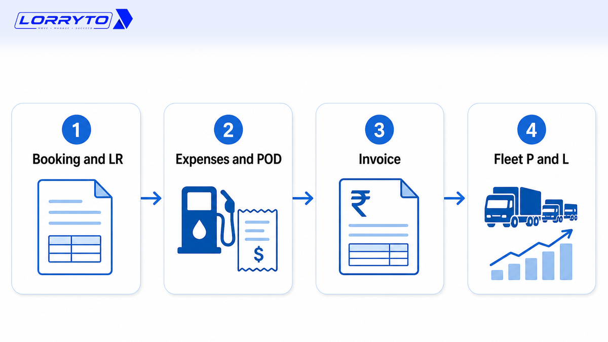 Booking and LR → expenses and POD → invoice → fleet profit view