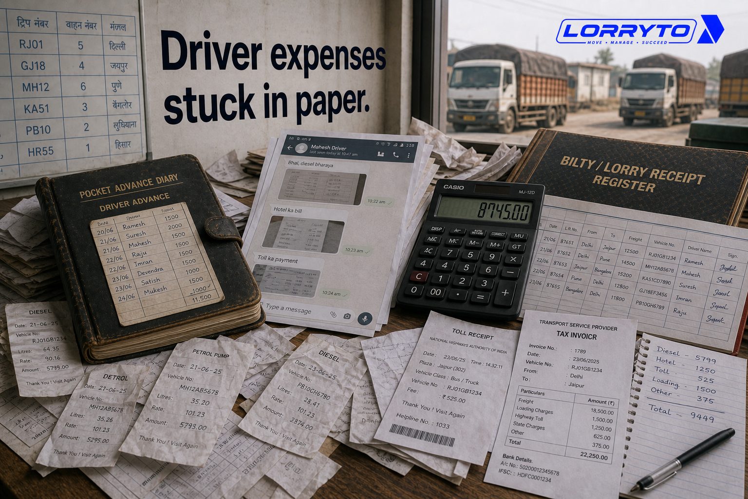 Driver expenses stuck in paper: diesel slips, WhatsApp prints, advance diary, calculator