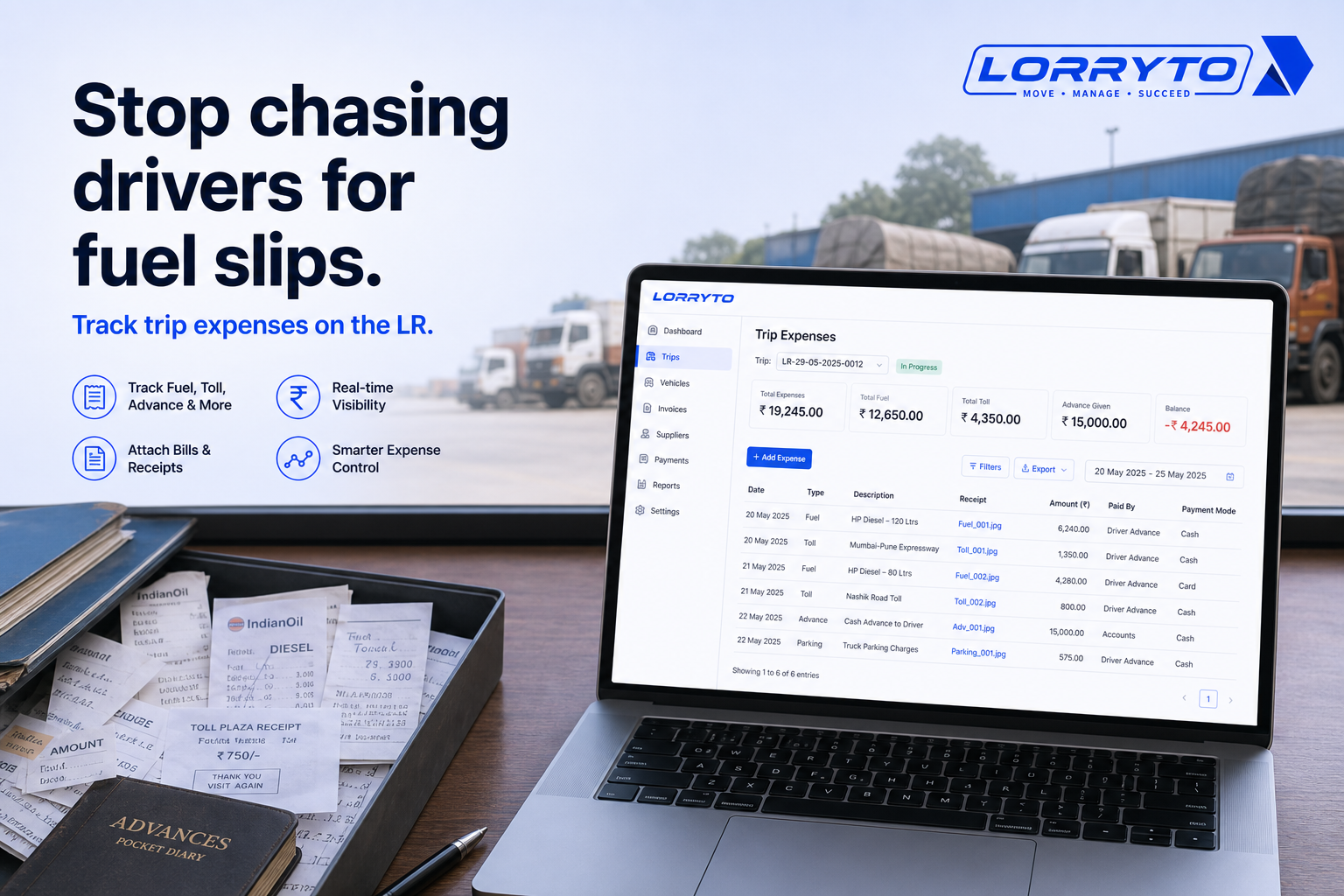 From fuel slips in a drawer and WhatsApp photos to digital trip expenses on an office screen