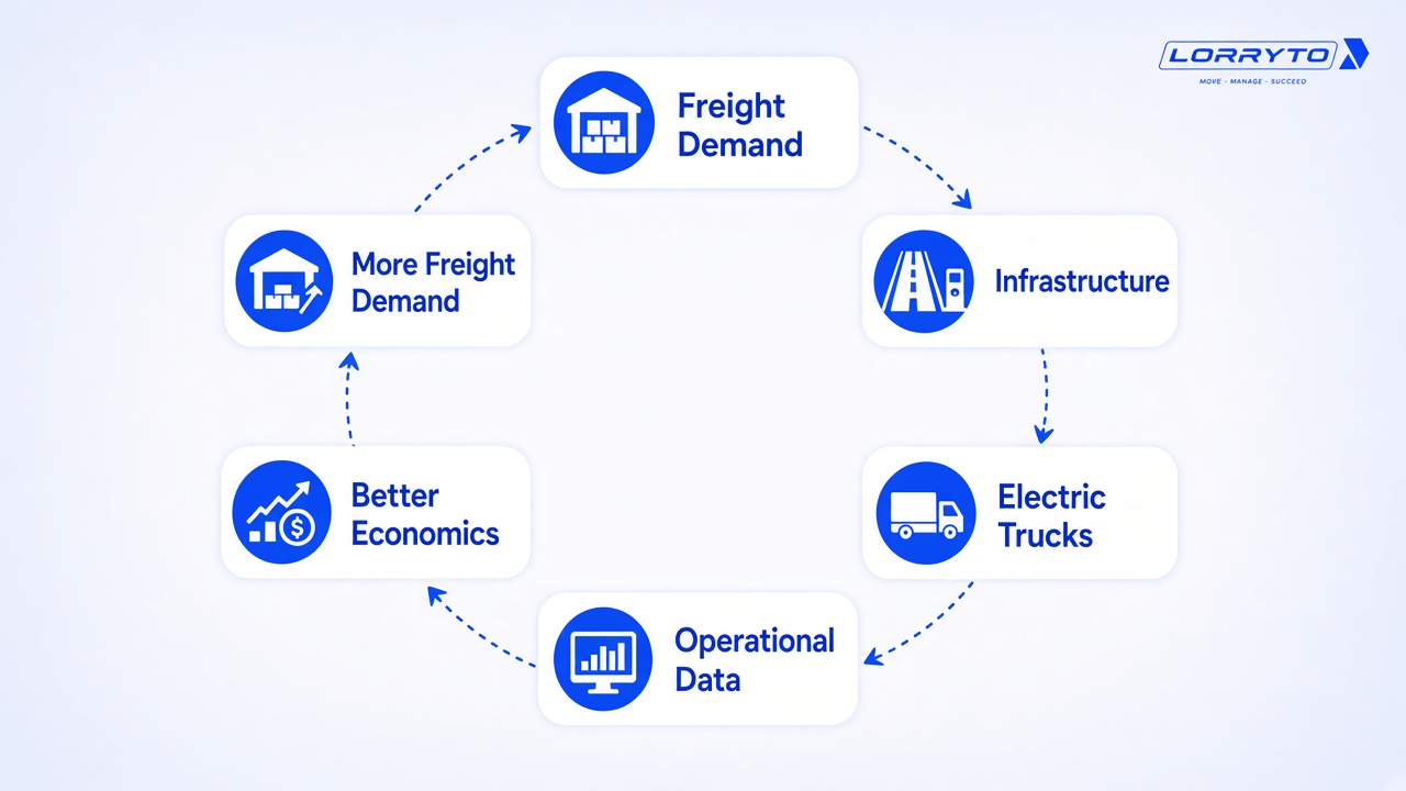 Adoption cycle from freight demand through infrastructure, trucks, data and better economics