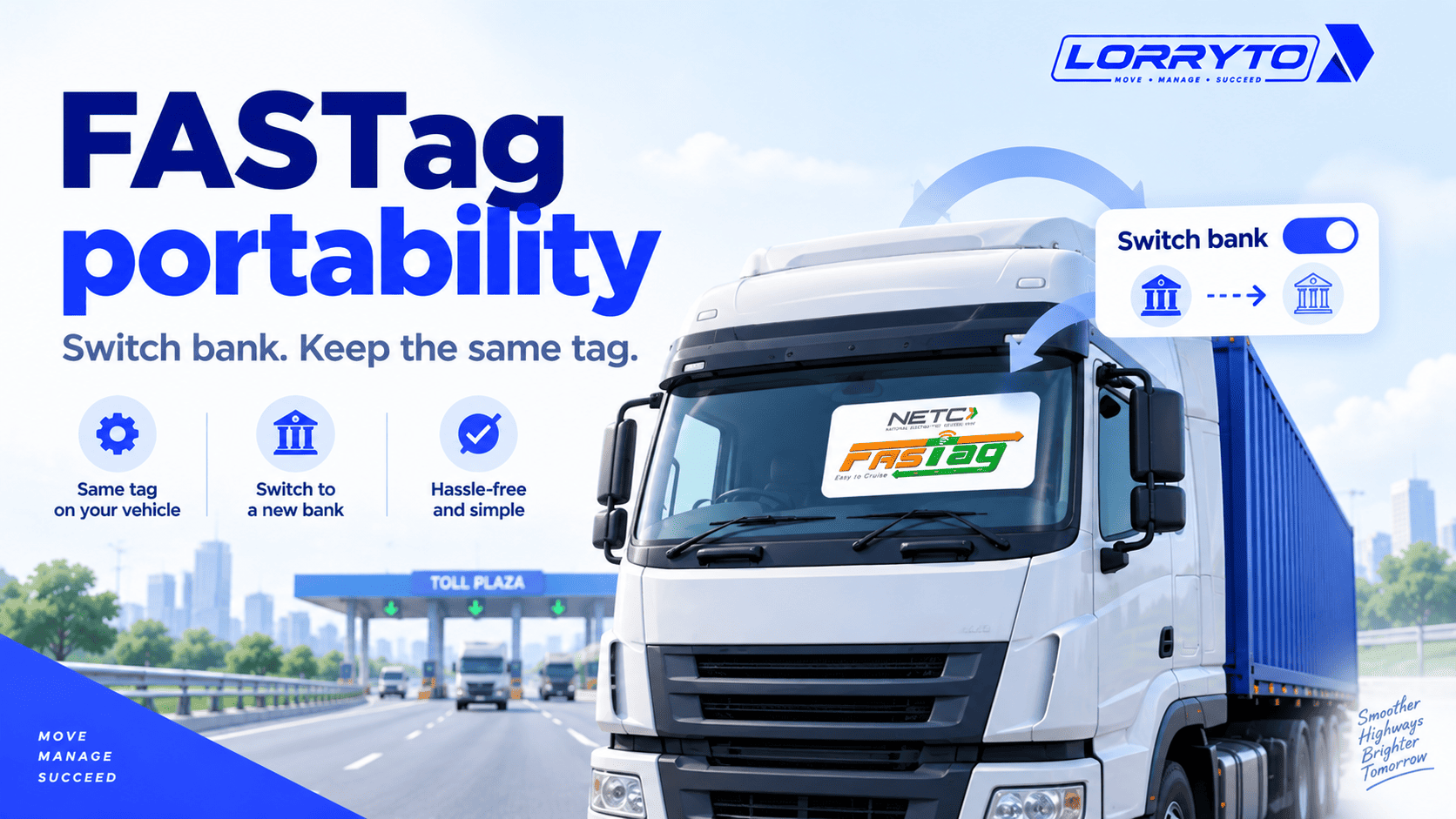 Truck windscreen FASTag with switch-bank keep-same-tag cue
