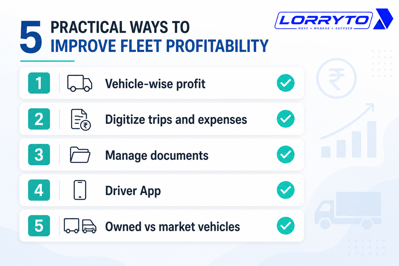 Five ways checklist: vehicle profit, digitize trips, documents, Driver App, owned vs market vehicles