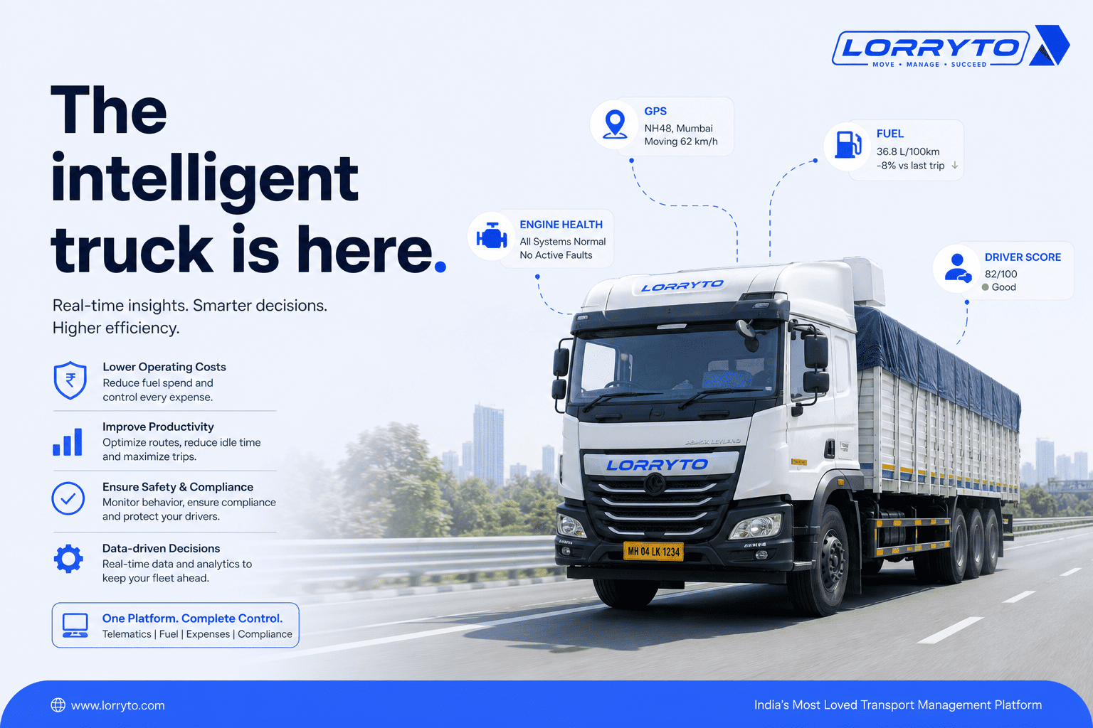 Modern heavy truck on a highway with abstract sensor and AI data streams from the vehicle