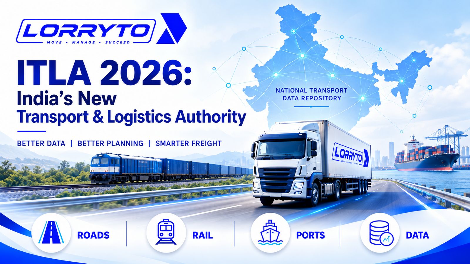 ITLA 2026 hero showing trucks, rail, ports and a connected India transport data network