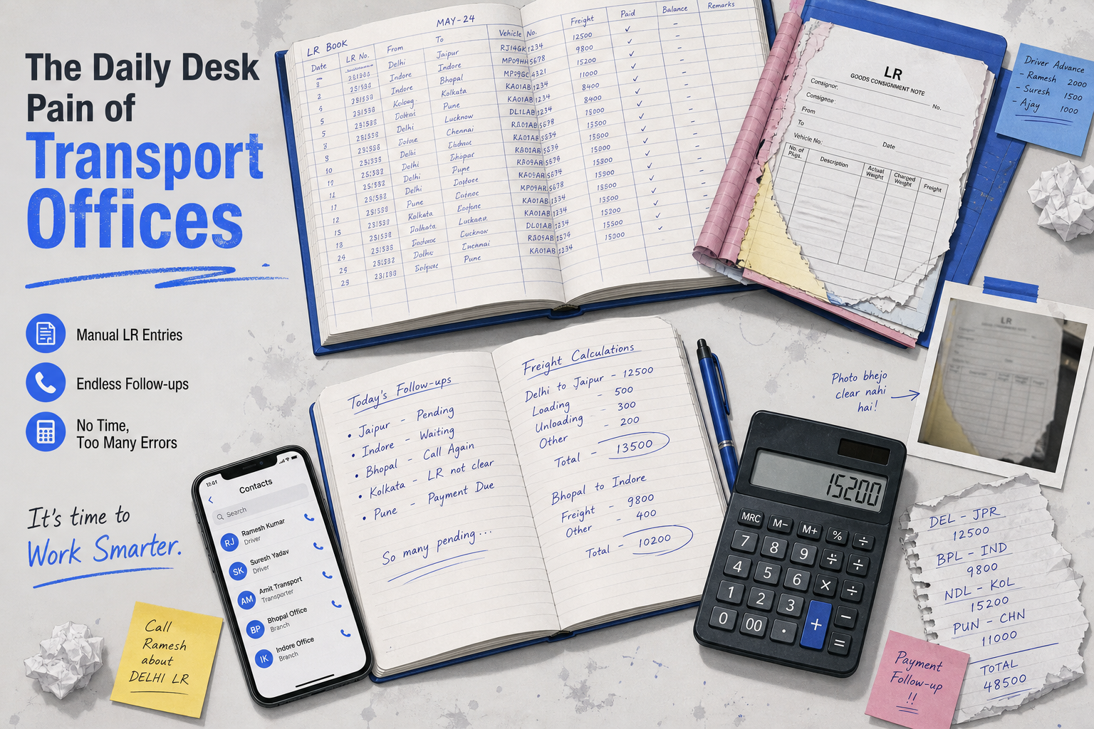 Messy transport desk with registers, carbon LR book, calculator, and blurry WhatsApp photo