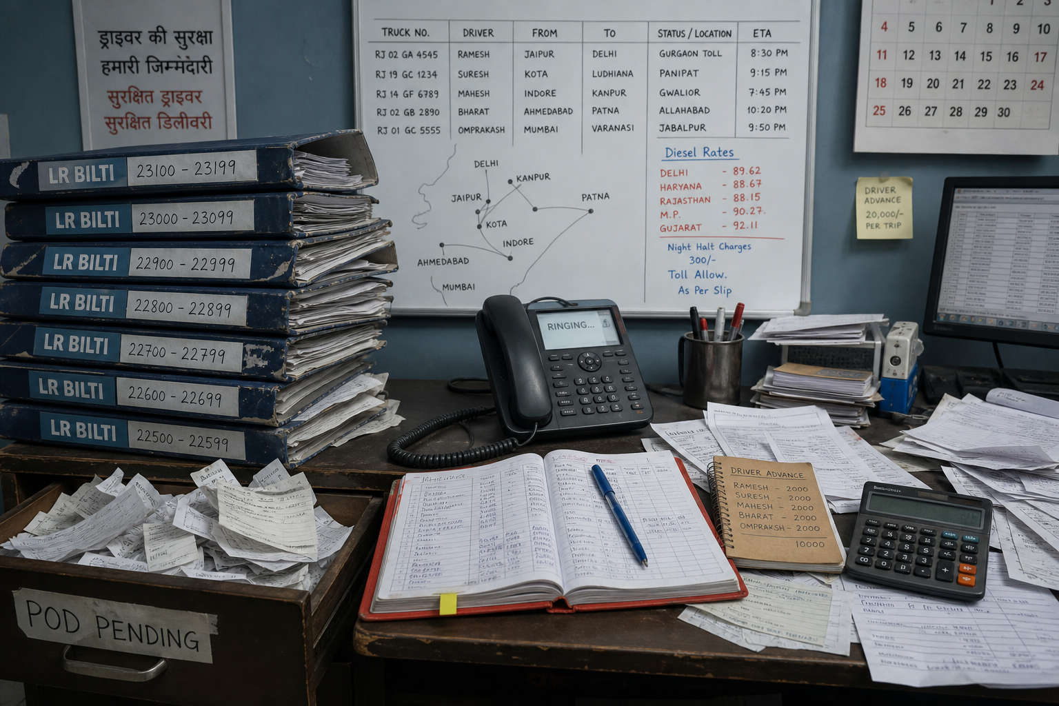 Chaotic transport desk with LR folders, red diary, loose PODs, advance notebook, and whiteboard