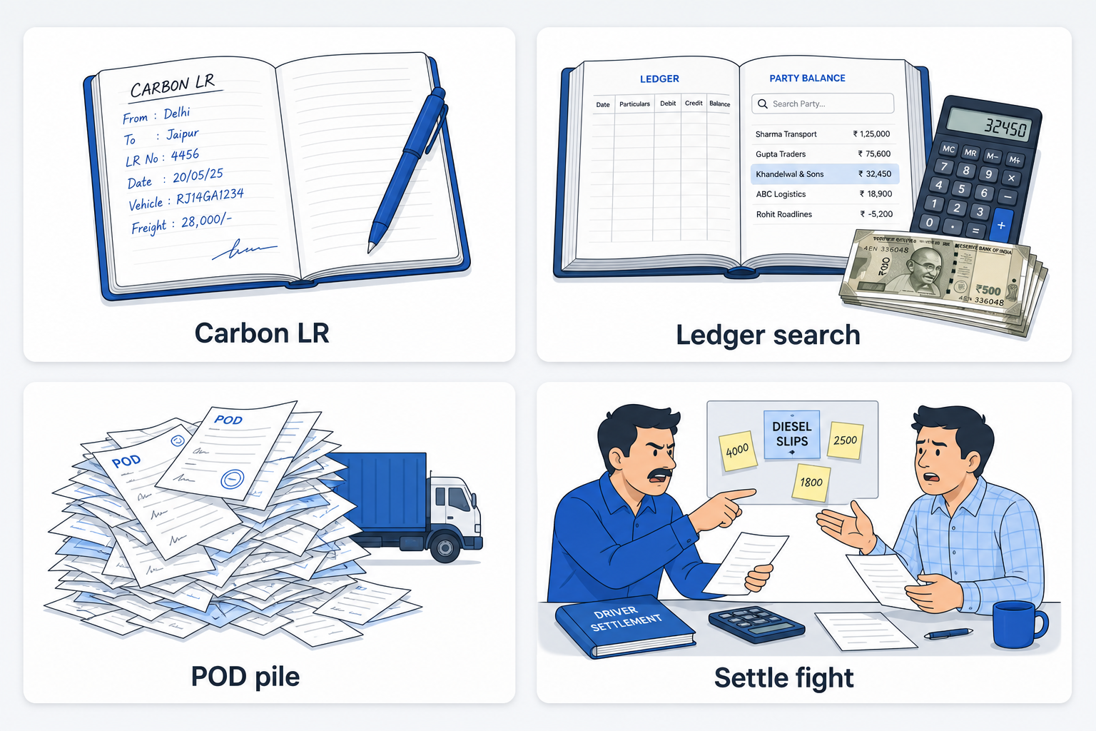 Four pains: carbon LR book, ledger flip for balance, POD paper pile, and driver settle argument