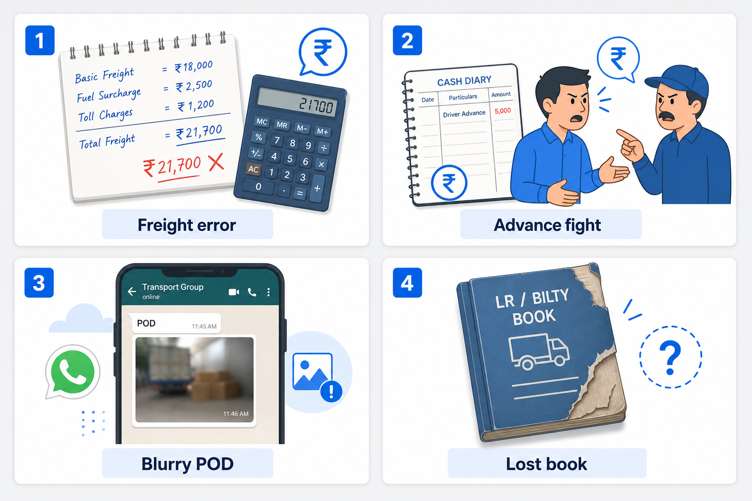 Four costly mistakes: freight calculator error, advance diary fight, blurry WhatsApp POD, and lost bilty book