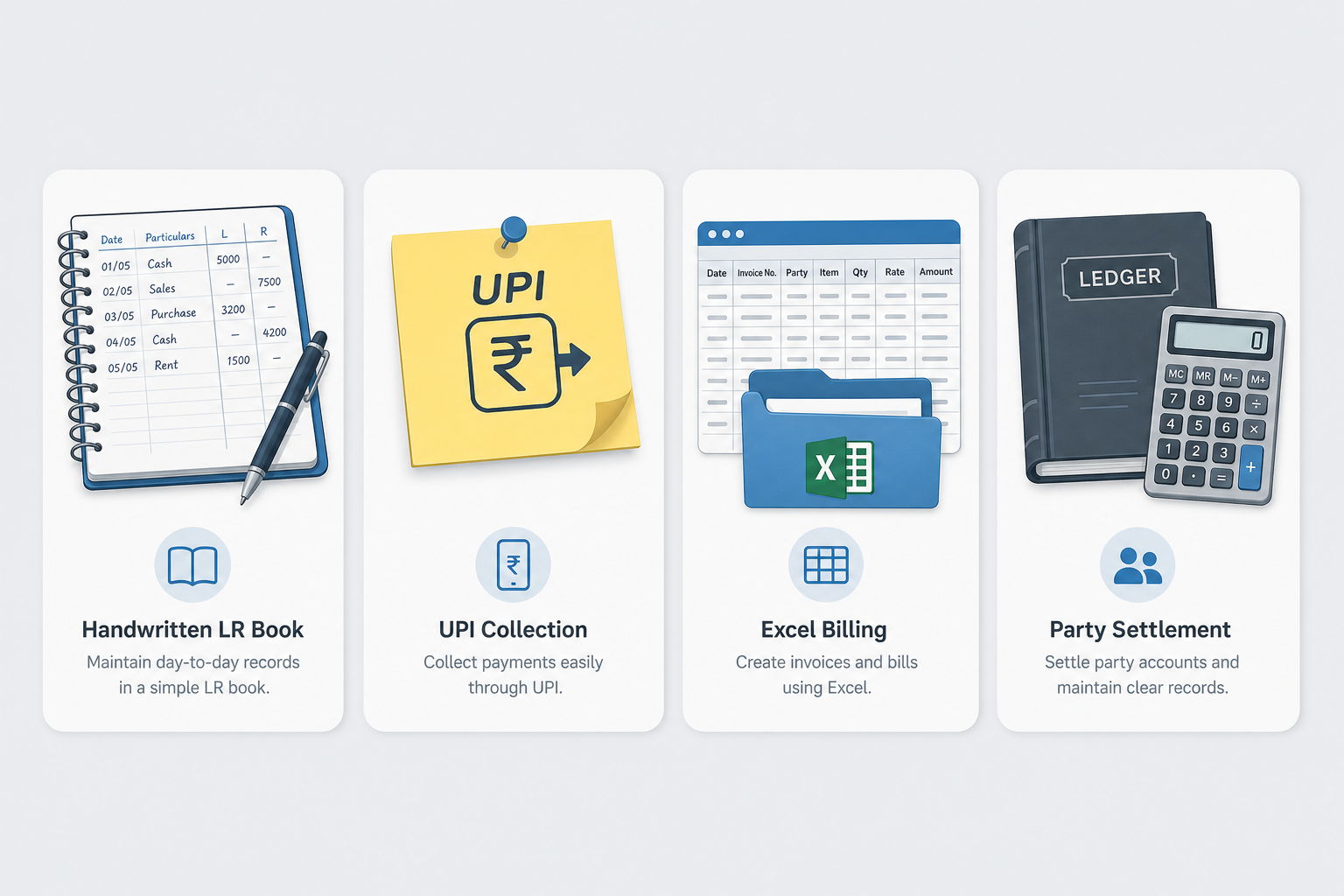 Four pains: handwritten LR book, UPI sticky notes, Excel folder billing, and ledger calculator settle