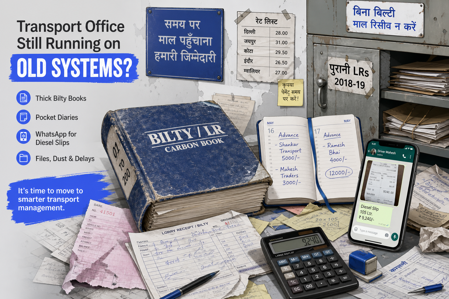 Messy transport desk with Bilty book, pocket diary, WhatsApp diesel slip, and dusty LR files