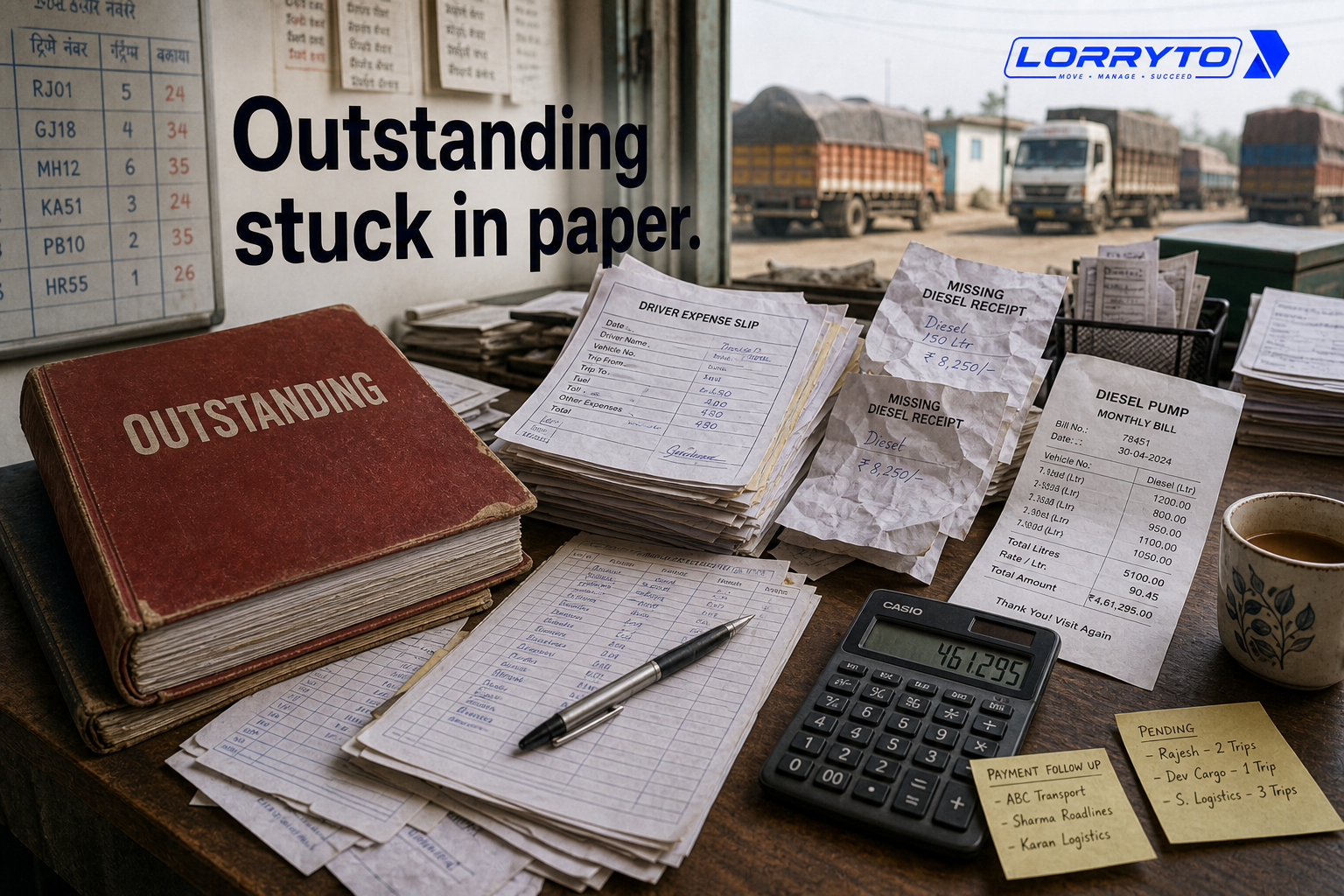 Outstanding stuck in paper: ledger, expense slips, missing diesel receipts, pump bill