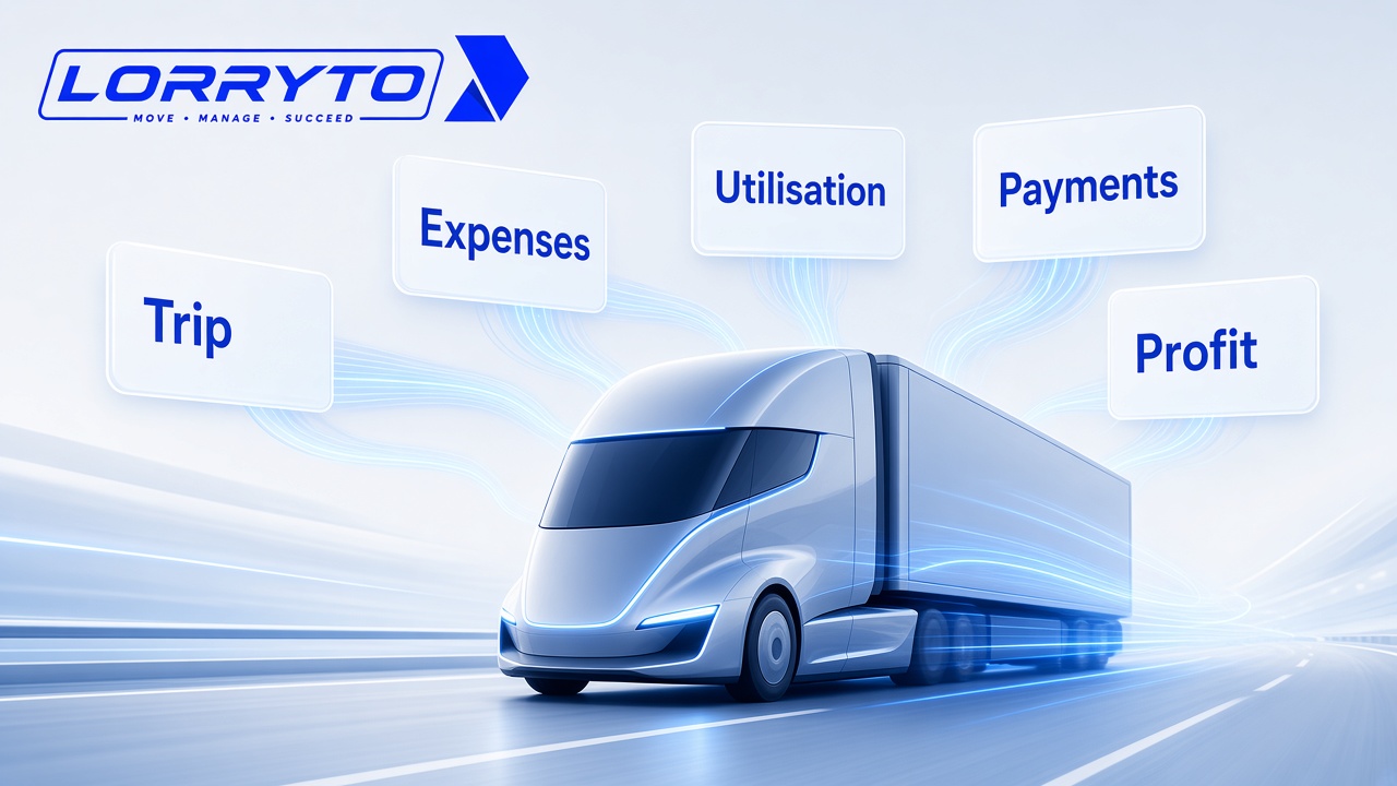 Transport dashboard showing trip, expenses, utilisation, payments and profit above an electric truck