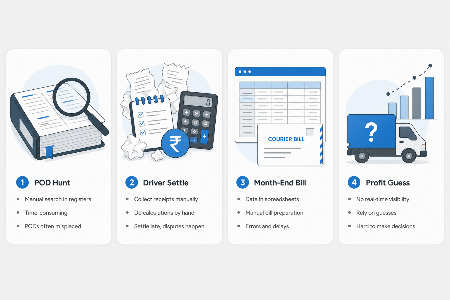 Four office pains: POD register hunt, driver settlement slips, Excel courier billing, and guessing trip profit