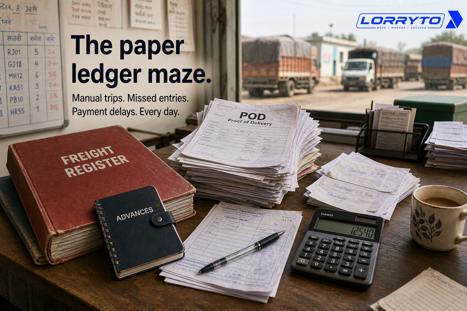 Four manual pains: red freight register, advance diary, POD stack, shortage notes