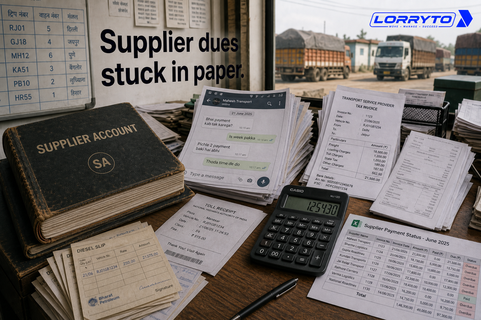Supplier dues stuck in paper: ledger book, advance diary, diesel slips, WhatsApp prints