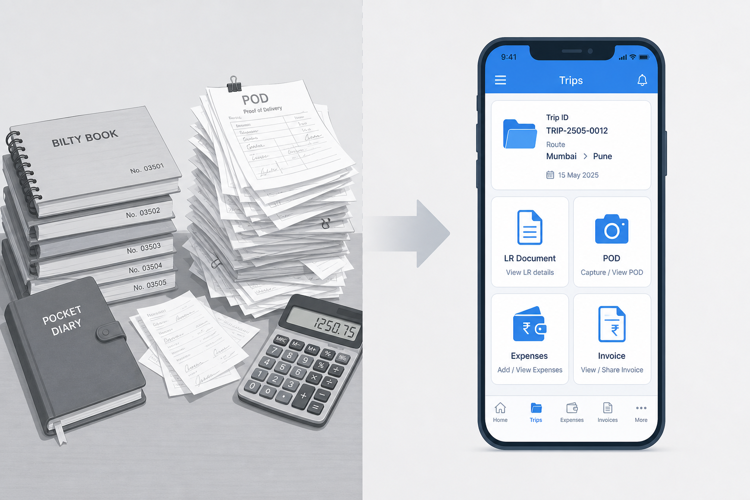 From paper bilty books, diaries, and POD stacks to digital trip documents on phone