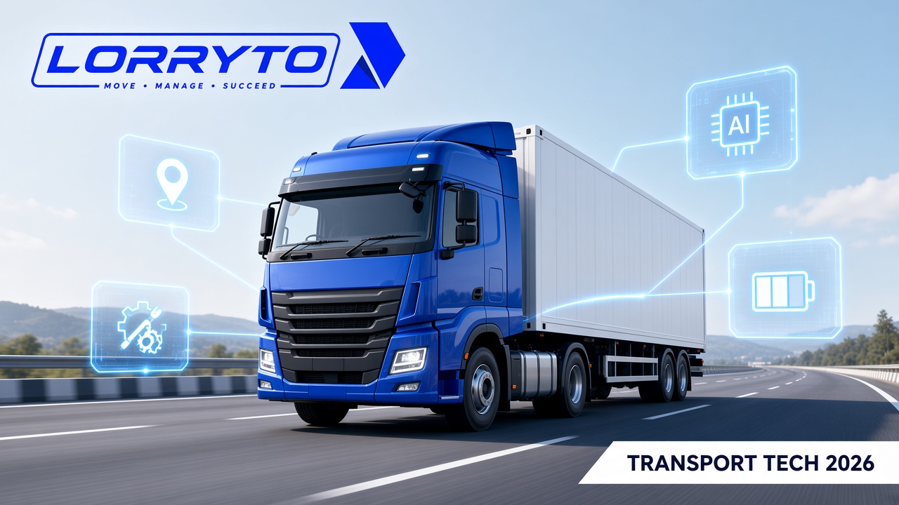 Modern goods truck on an Indian expressway surrounded by GPS, maintenance, AI and battery data icons