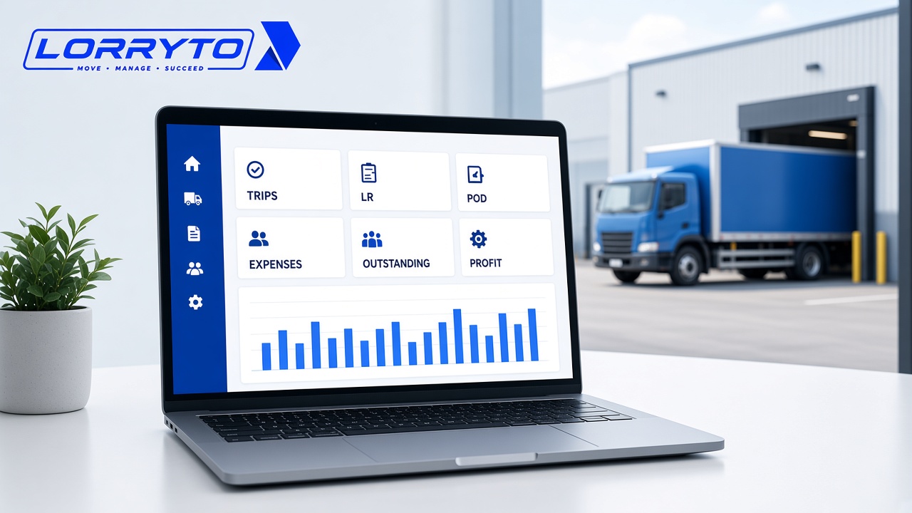 Transport office laptop dashboard showing trips, LR, POD, expenses, outstanding and profit
