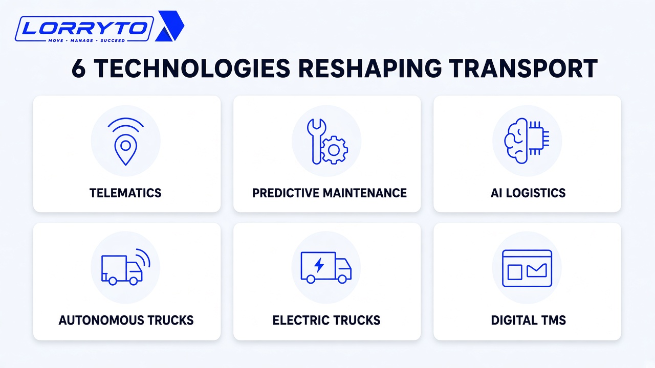 Six technologies reshaping transport: telematics, predictive maintenance, AI logistics, autonomous trucks, electric trucks and digital TMS