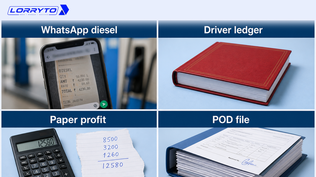 Four close-of-trip pains: blurry WhatsApp diesel slip, driver ledger fight, paper profit, and POD file hunt