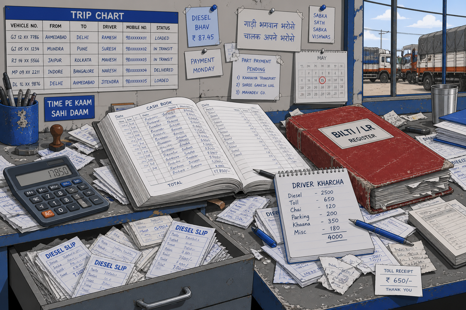 Cash book, diesel drawer, kharcha notepad, and red Bilti register on a messy desk