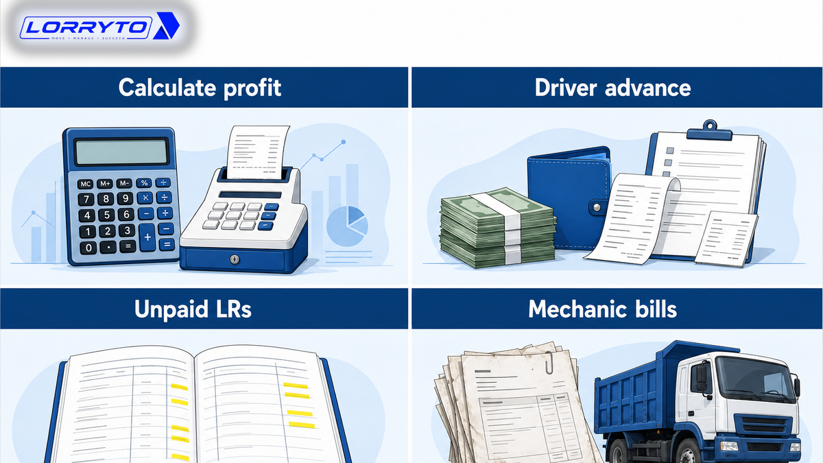 Four office pains: calculator profit, driver advance fight, unpaid LR book, and dusty mechanic bills