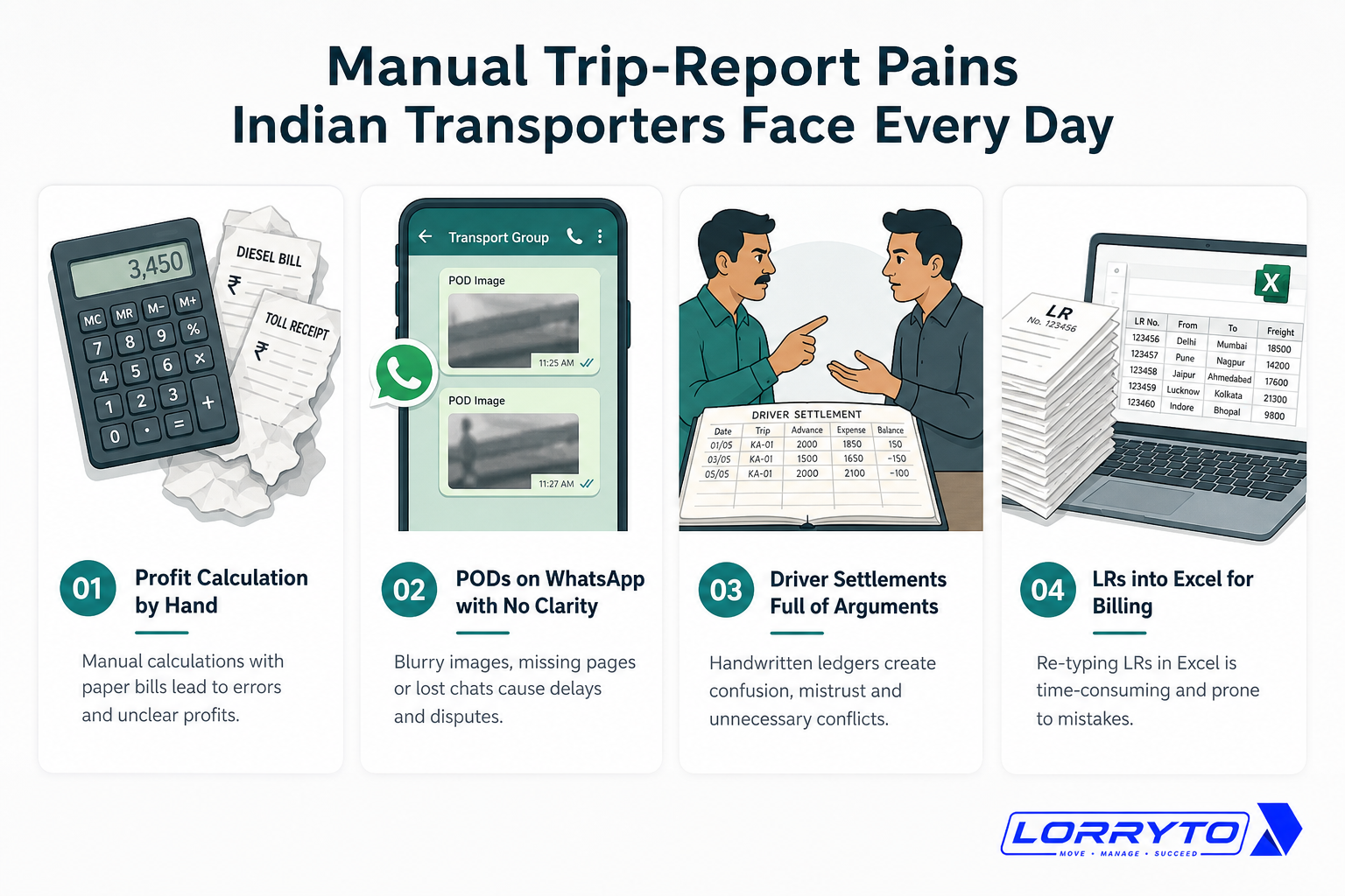 Four manual pains: calculator profit, WhatsApp POD hunt, driver settle fight, Excel billing