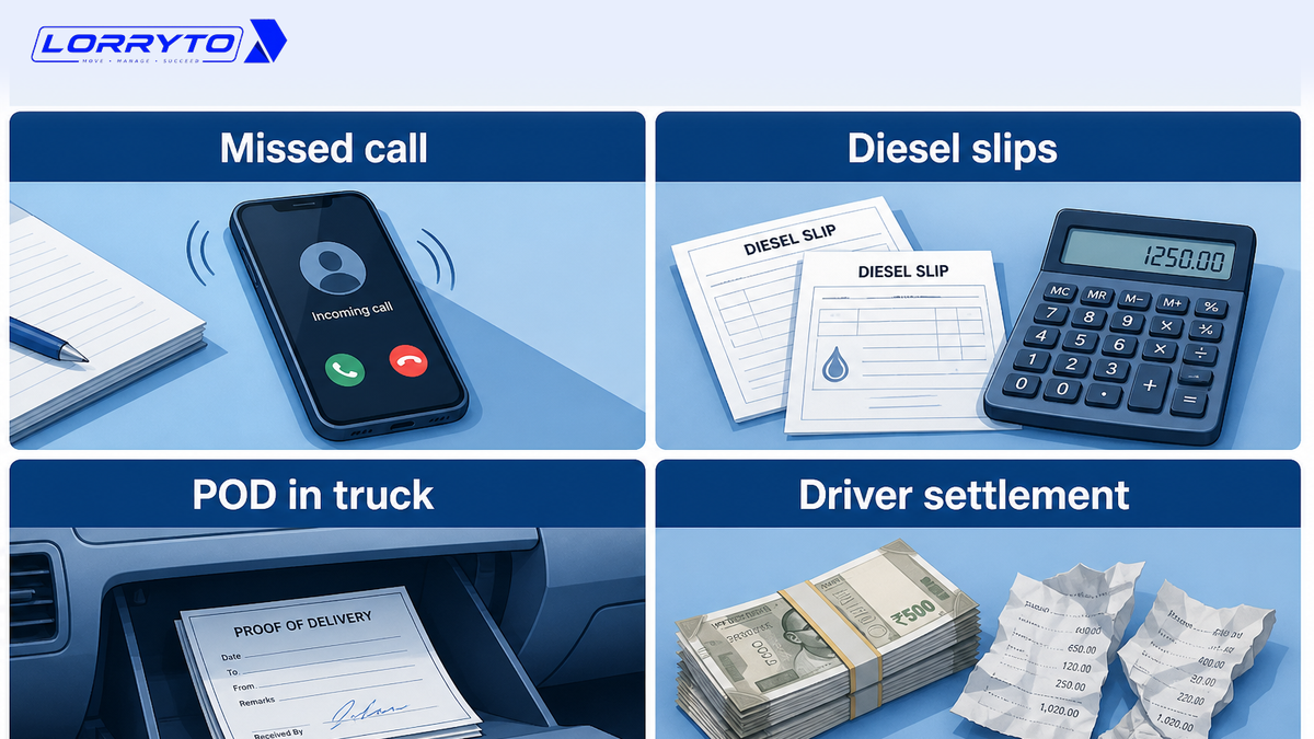 Four office pains: unanswered driver call, diesel slip matching, POD in the glovebox, and driver settlement argument