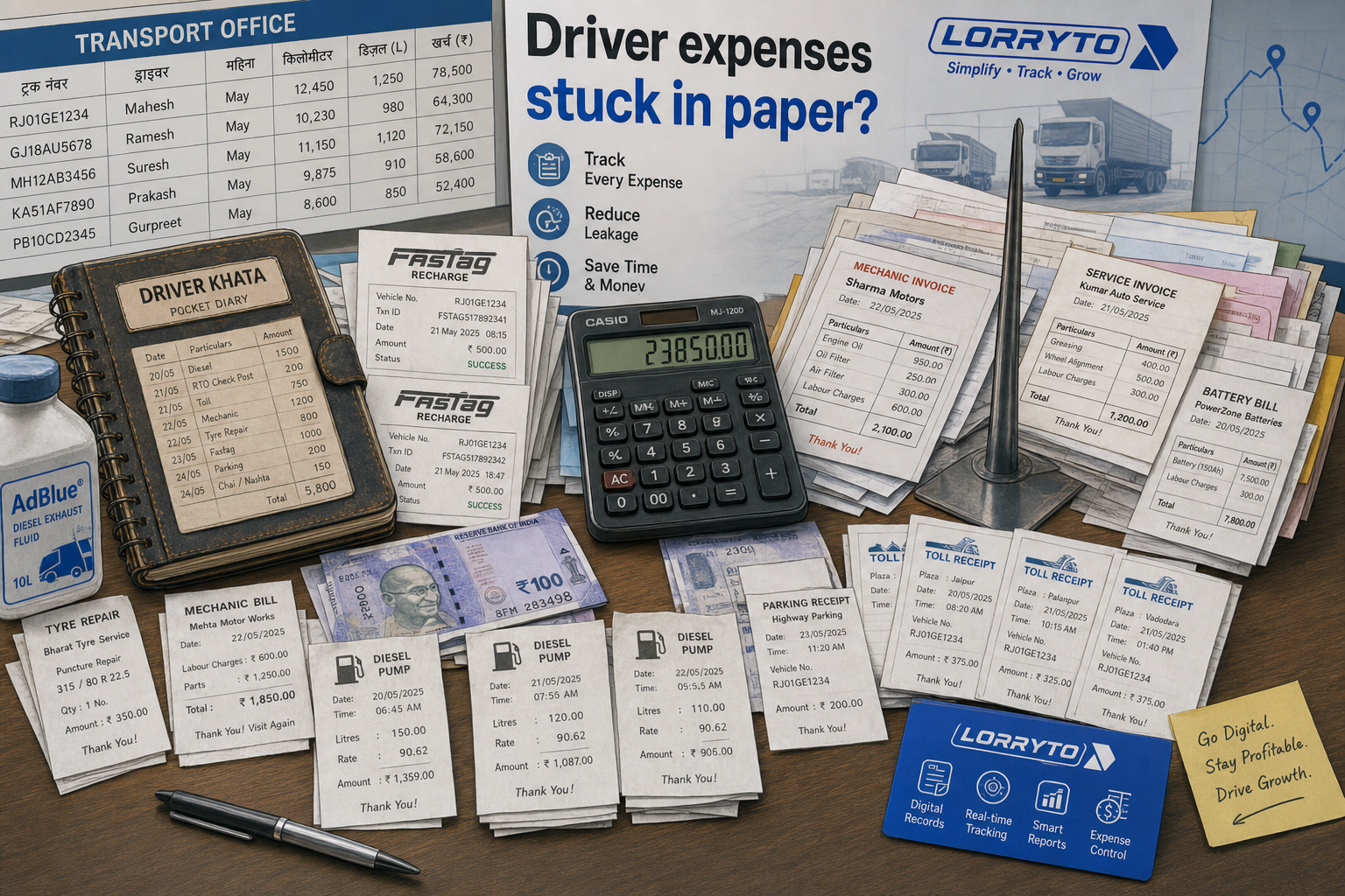 Messy vehicle expense paper: diesel slips, spike file bills, pocket diary, calculator