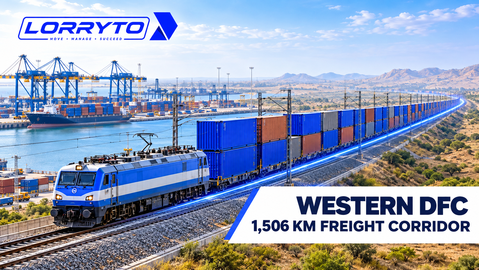 Double-stack container train on the Western Dedicated Freight Corridor linking port and inland terminals