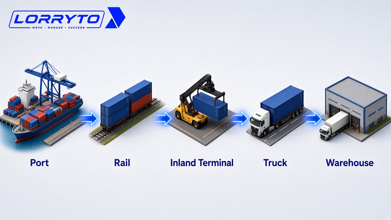 Multimodal freight chain from port to rail, inland terminal, truck and warehouse