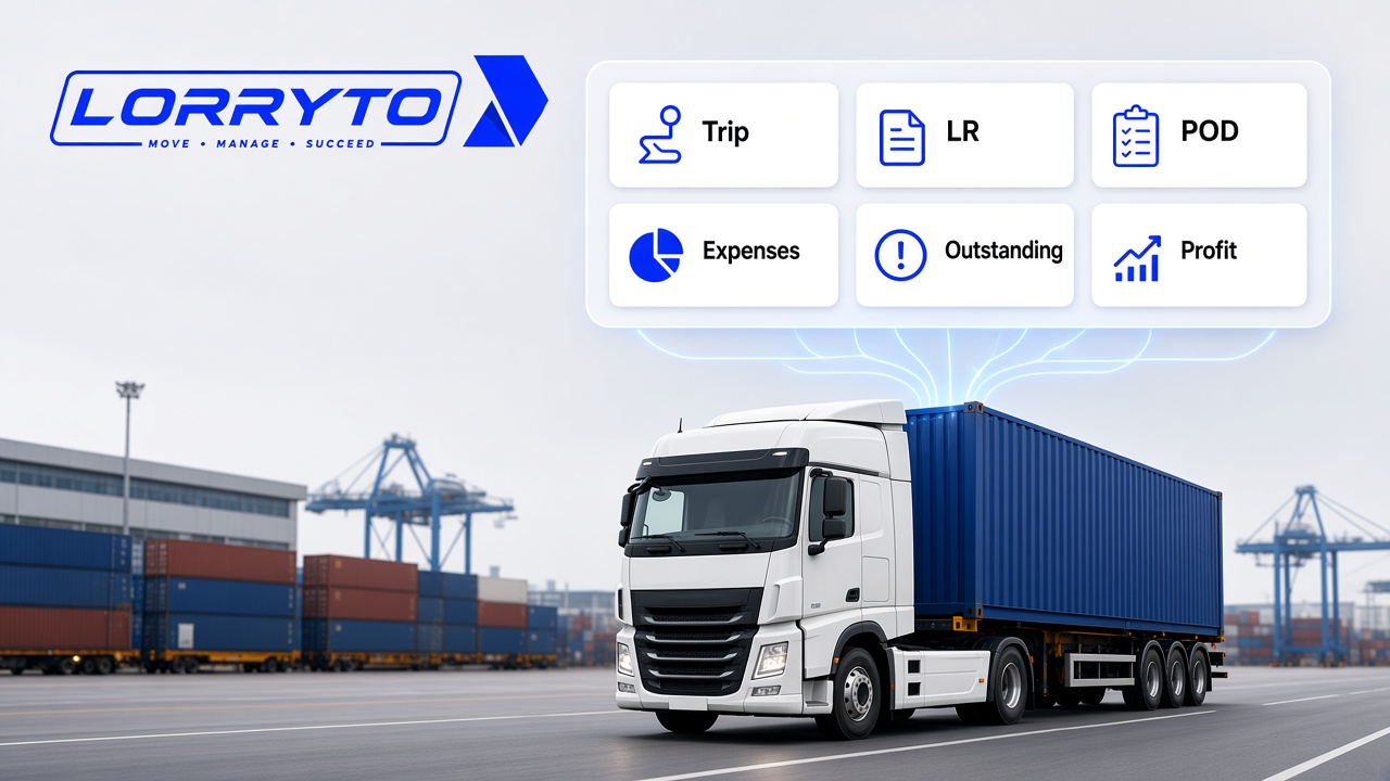 Truck leaving a rail freight terminal with trip, LR, POD, expenses, outstanding and profit visibility