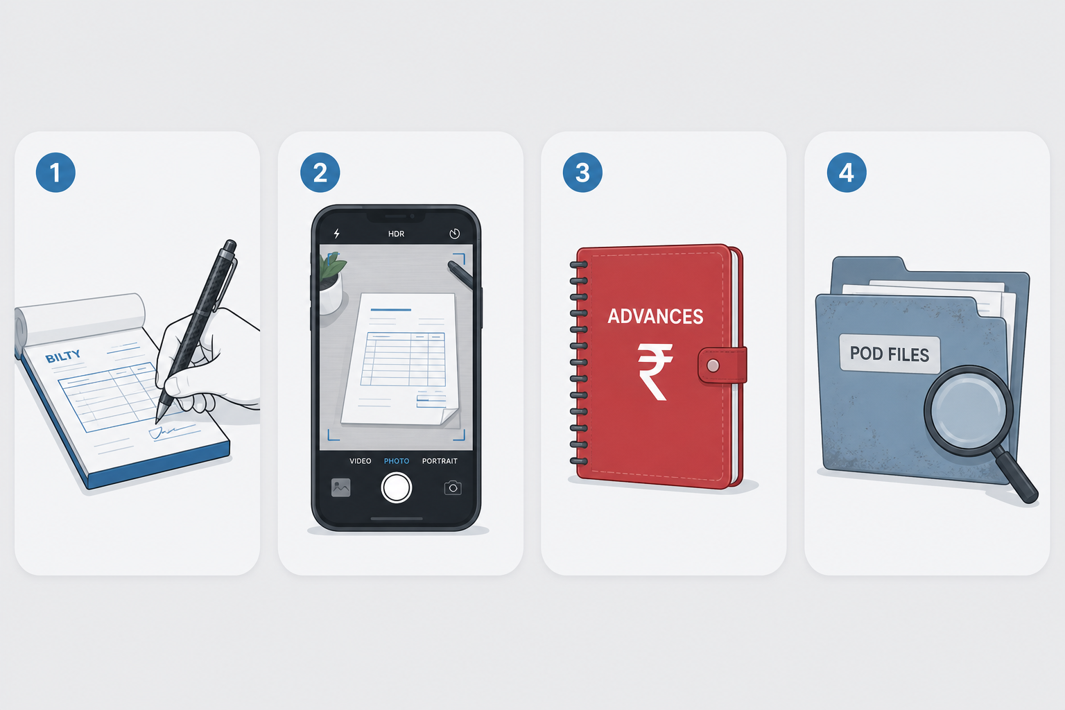Four pains: carbon bilty writing, desk photo for WhatsApp, advance diary, and POD file hunt