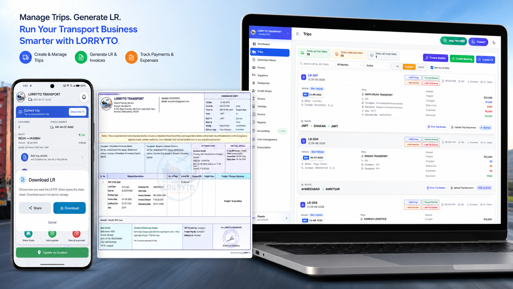 Lorryto Trips dashboard, digital LR/Bilty PDF, and Driver App Download LR on mobile
