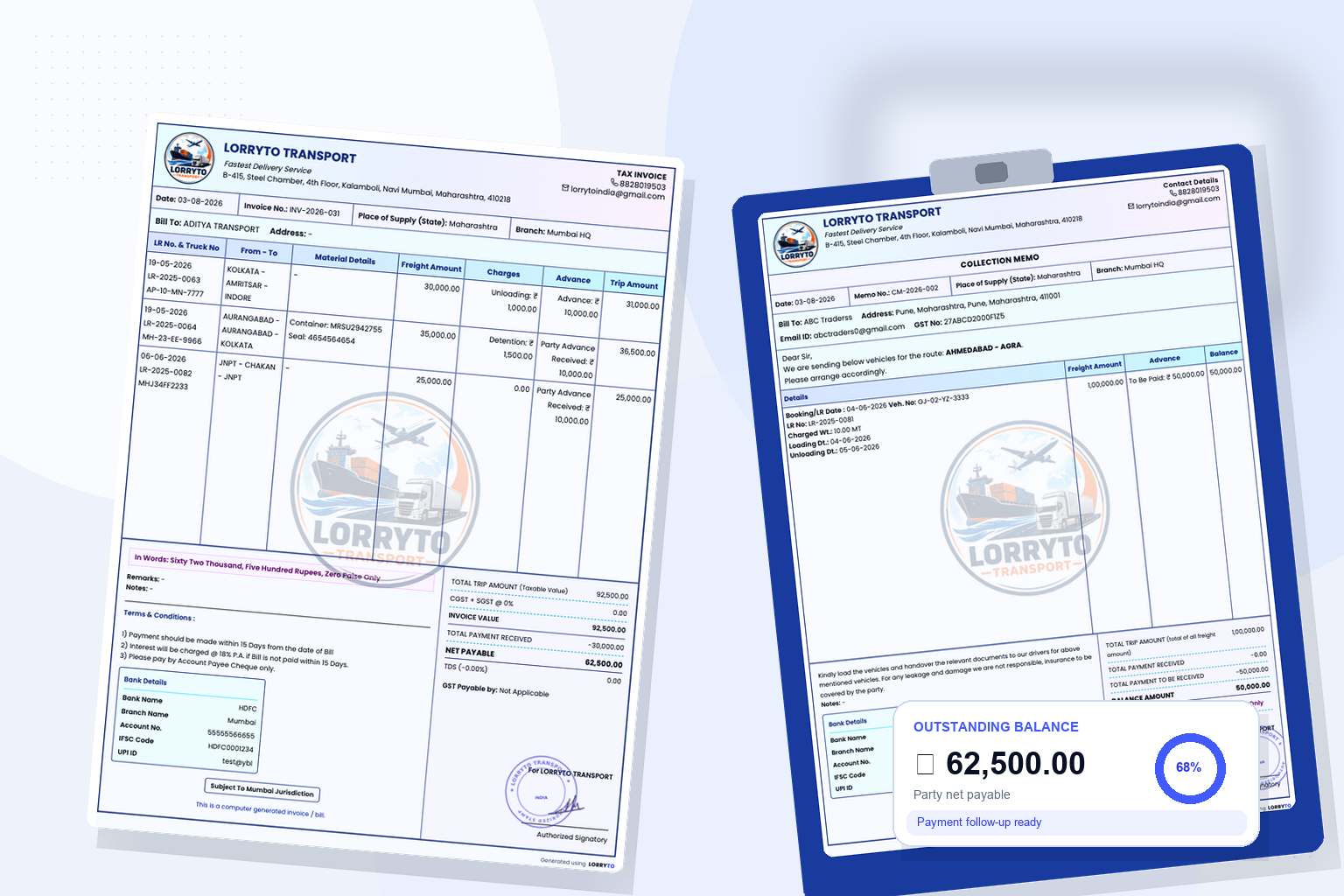 Invoice, collection memo, and outstanding balance illustration