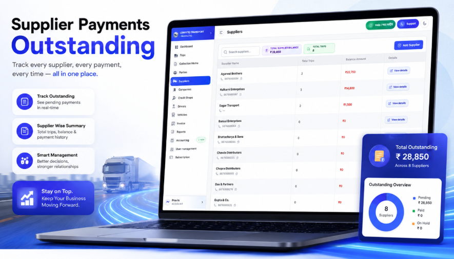 Supplier Payment Book on laptop — hired truck balances, trips, and pending payments
